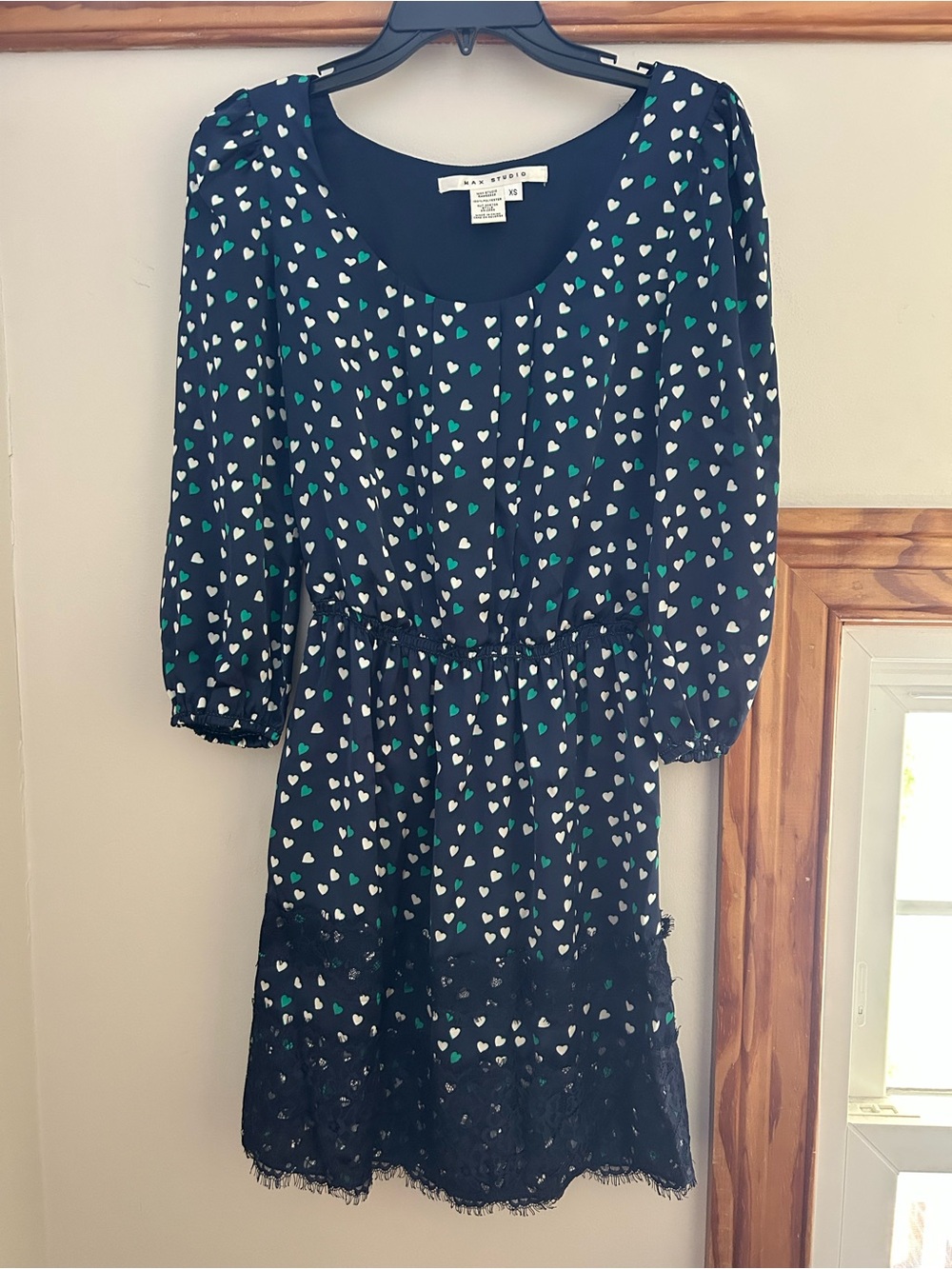 Max Studio Black Heart-Print Mini Dress with Teal & White Accents